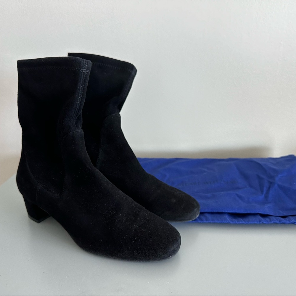 STUART WEITZMAN Siggy Bootie 55mm Suede Block Heel Sock Ankle Boots Black 6 / 36